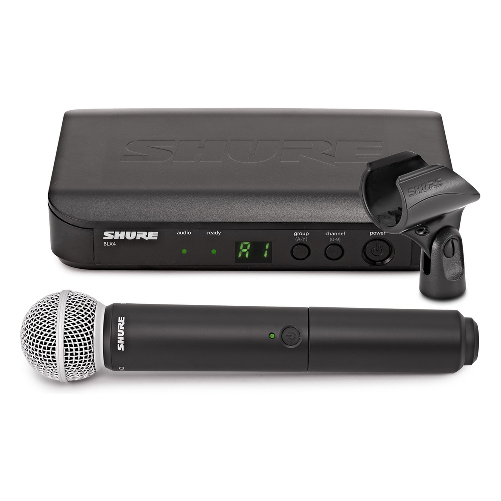Shure BLX24E/SM58 kutu içeriği: alıcı, el mikrofonu ve klips