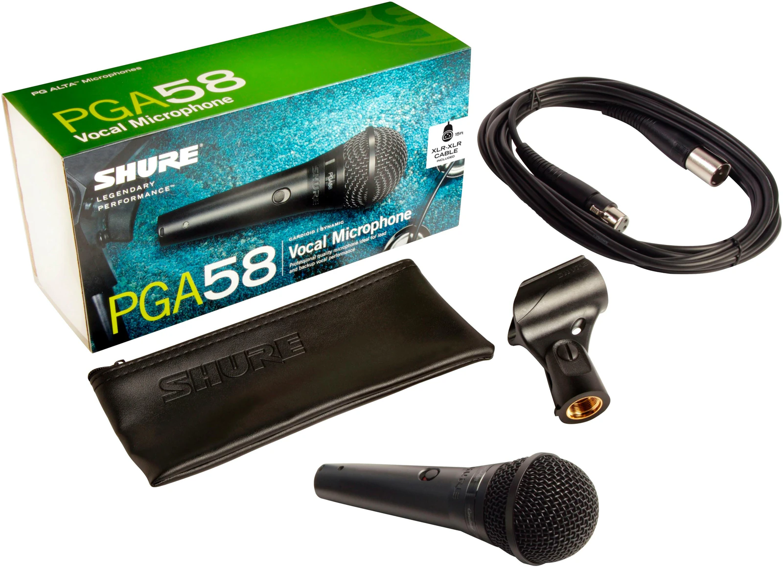 Shure PGA58-XLR kutu içeriği: mikrofon, 4,6 m XLR kablo, klips, stand adaptörü ve taşıma çantası