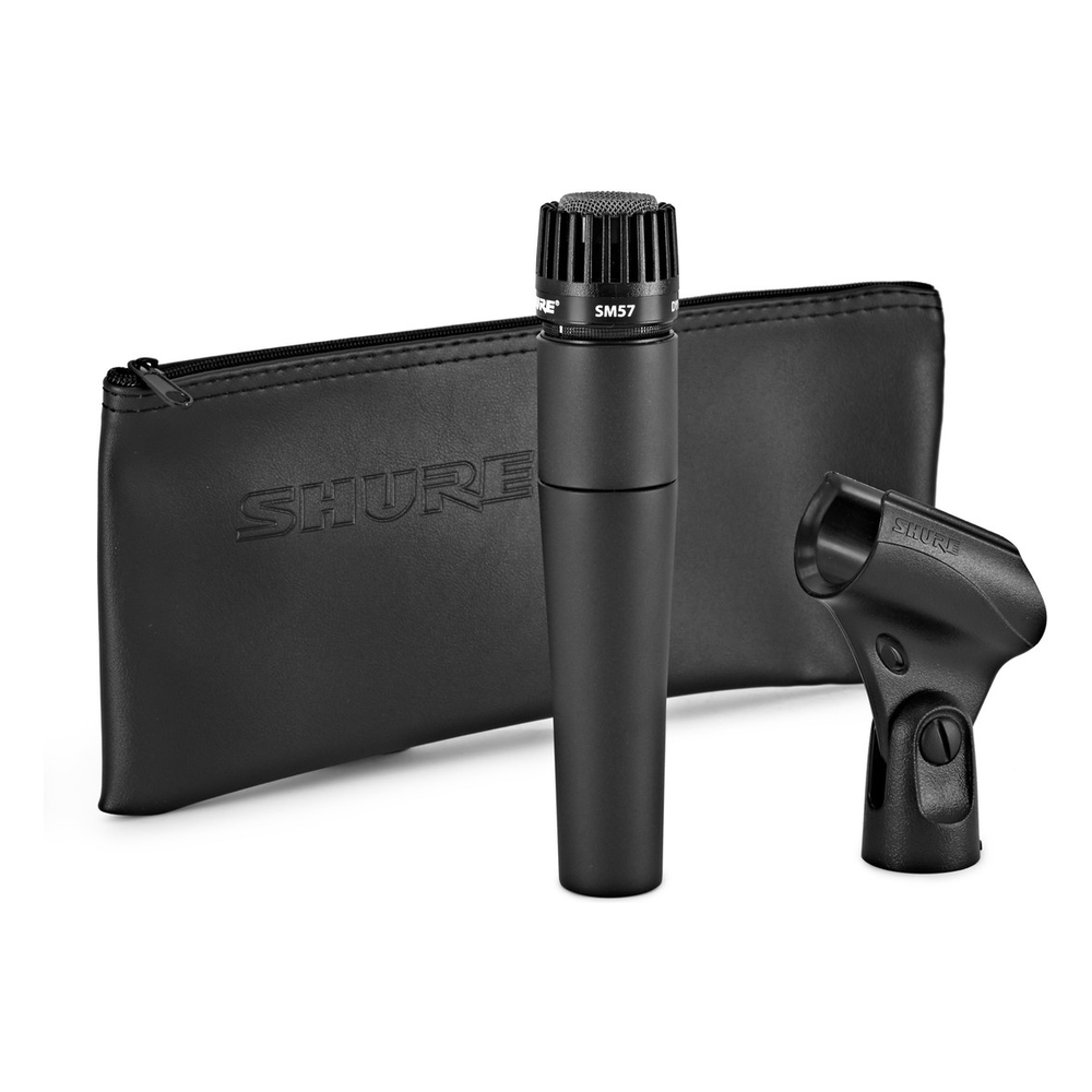 Shure SM57-LCE kutu içeriği: mikrofon, klips ve çanta